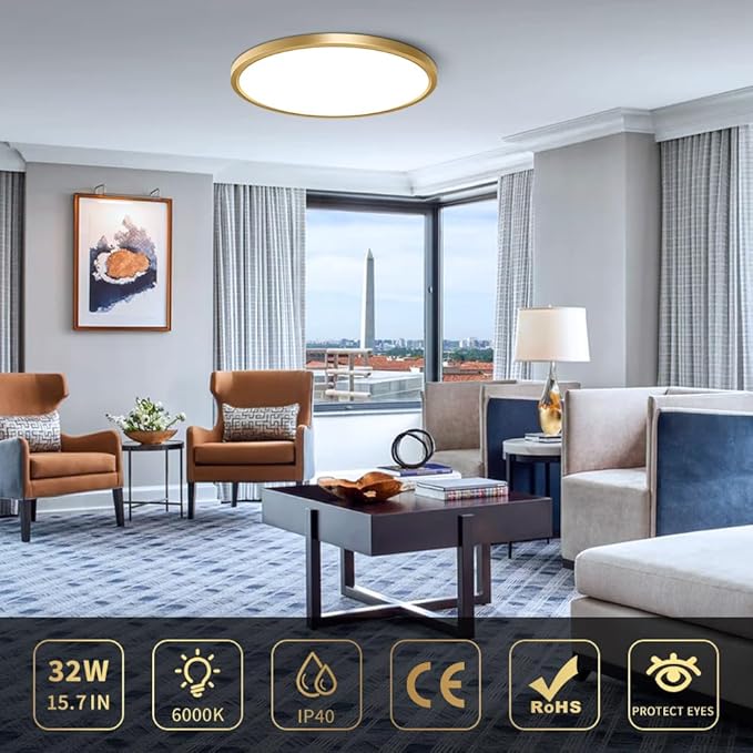 15.7Inch Gold Flush Mount Ceiling Light Fixture , 32W(320W Equivalent), 3800LM, 6000K Cool White, IP40, Flat Modern Round LED Ceiling Lights for Bedrooms, Living Rooms, Bathrooms, Stairwells, etc.