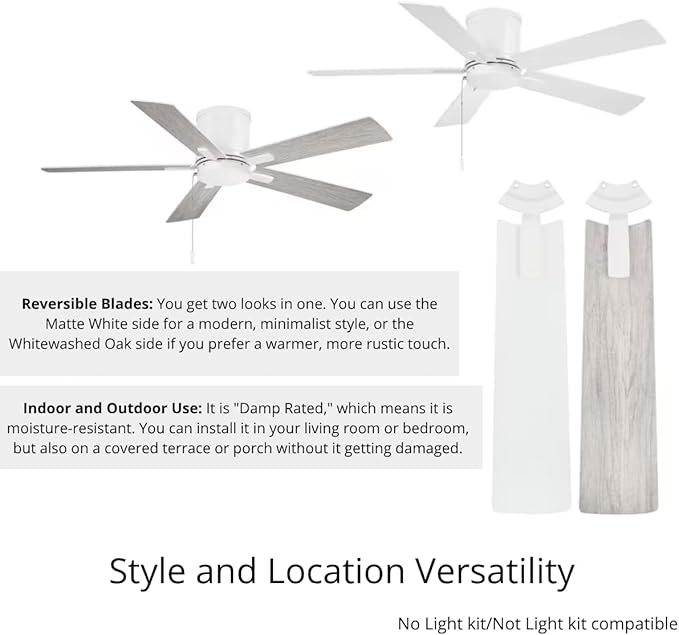 LYTIO Grantway 48 in. Indoor/Covered Outdoor Matte White Low Profile Ceiling Fan Without Light with Pull Chain Included
