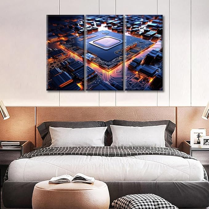 Circuit Board Pictures 3 Panels Wall Decor for Bedroom Canvas Prints 3D Technology Motherboard Posters & Prints Prints for Wall Decor Stretched and Framed Ready to Hang 60"Wx40"H