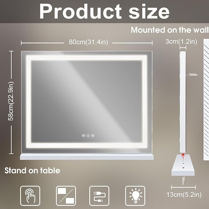 FENCHILIN Vanity Mirror with Lights 32” x 23” Hollywood Makeup Mirror with Light Strip Smart Touch Control 3 Colors Dimmable Light Strip & 10X Magnification White