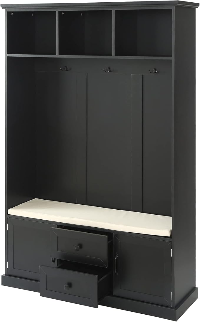 RUNNA Wooden 3-in-1 Hall Tree with 2 Cabinet and 2 Drawers,3 Open Shelves and 3 Hooks,Coat Hanger and Storage Bench,for Livingroom Hallway Entryway Use (Black@Hanger)