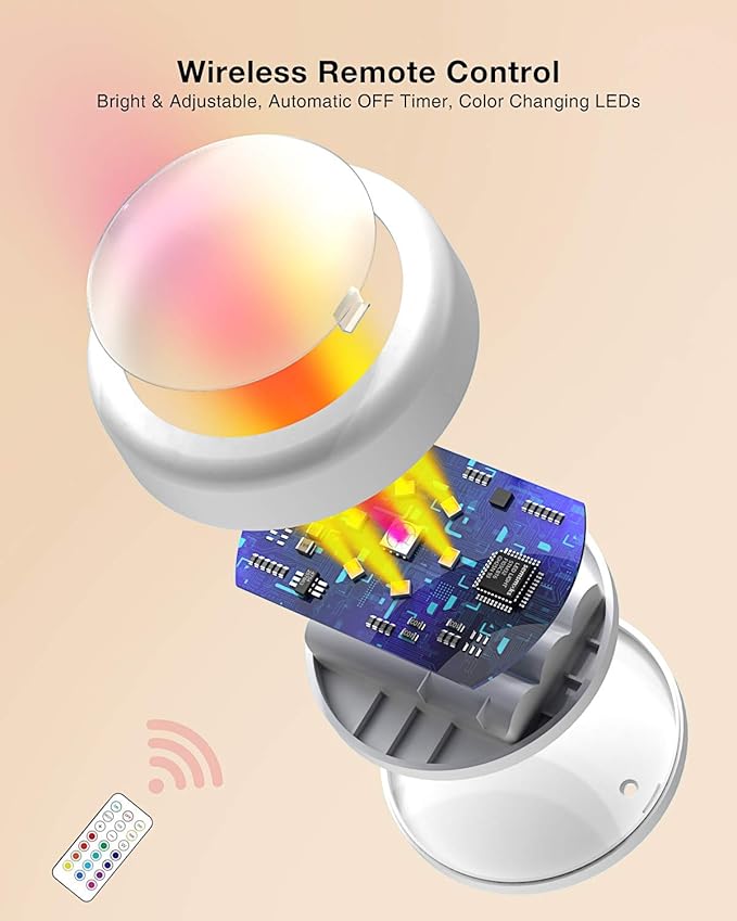 Puck Lights with Remote Control Battery Operated LED Push Lights Wireless, 13 Color RGB - for Closet, Bedroom Wall, Under Cabinet, Battery Powered ambient lighting. Convenient 3M Stick On, Black 6Pcs