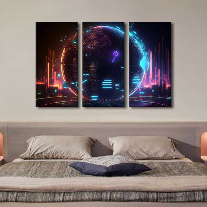 TUMOVO 3 Panel Modern Wall Art Cyber Space 3D Poster on Canvas for Bedroom Living Room Wall Decoration, Neon Digital World Artwork Giclee Wooden Framed Ready to Hang, 42" Wx28 H