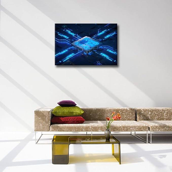 TUMOVO Canvas Art Wall Decor CPU Concept Bedroom Wall Art Pictures for Living Room Digital Chip Wall Painting Central Computer Processors Modern Wall Art Stretched and Framed Ready to Hang 18x12in