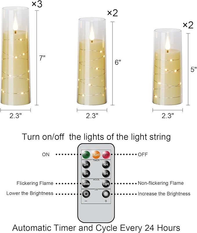 Wondise Flameless Flickering Candles with Embedded Star String Remote and Timer Battery Operated Flickering LED Candles Durable Acrylic Shell Pillar Candles for Christamas Home Decoration (7pack