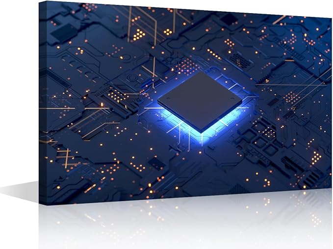 TUMOVO CPU Concept Wall Paintings for Living Room Technology Digital Art Pictures Print On Canvas Circuit Board Wall Art Bedroom Wall Decoration Office Wall Art Framed Ready to Hang - 24x16in