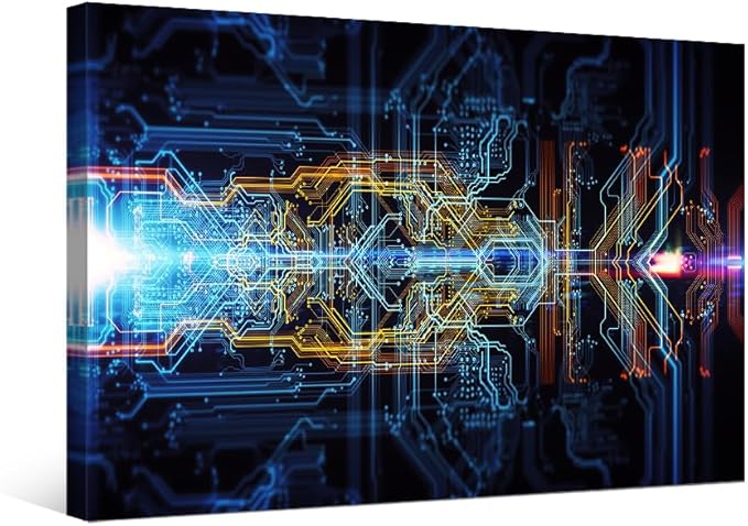 1 Piece Abstract Technological Background Wall Painting CPU Concept Wall Decorations for Living Room Pictures Print on Canvas Circuit Board Framed Artwork for Home Wall Bedroom Decorations 16X24 INCH