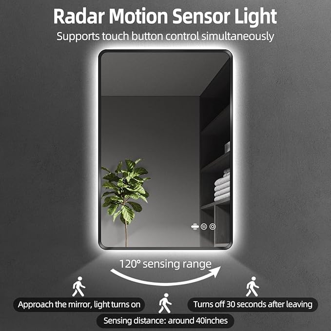 30 x 36 Black LED Bathroom Mirror, Metal Framed Rounded Corner Rectangle Backlit Mirror Bathroom, Anti-Fog, 3-Color Stepless Dimmable Lighted Mirror, Motion Sensor Lights, Memory Function