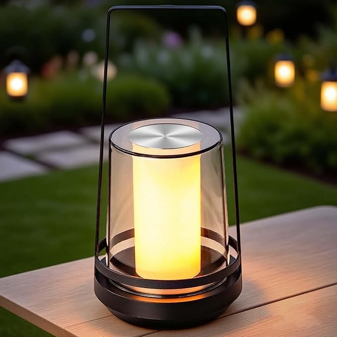 Black Touch Table Lamp with Dynamic Flame Effect - Portable, Rechargeable Bedside Lamp, Tap for Flickering Fire & Candle Light Modes, Dimmable for Bedroom, Camping, Gifts