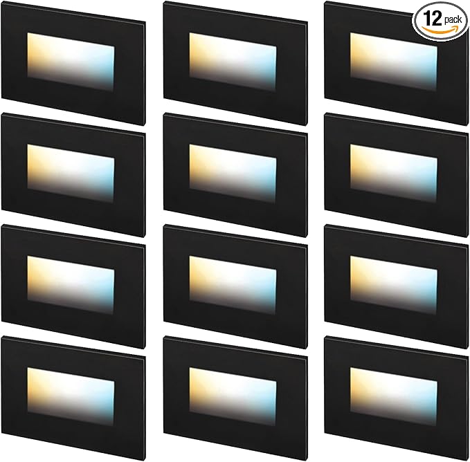 LEONLITE 12-Pack Black 5CCT 120V LED Step Lights, 150LM 5%-100% Dimmable Stair Lights Indoor Outdoor Wet Location, CRI90+ & ETL, 2700K/3000K/3500K/4000K/5000K Aluminum Staircase Lights