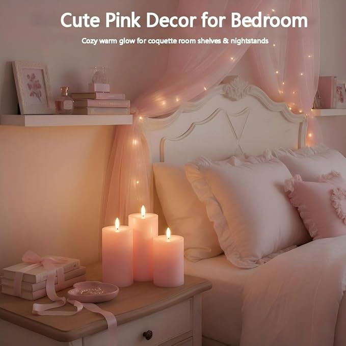 Pink Flameless Candles with Remote and Timer, Real Wax LED Pillar Candles for Living Room Decor, Battery Operated Fake Candles for Bedroom Bathroom Shelf Wedding Home Decor Valentines Day Decorations