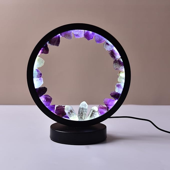AMOYSTONE Natural Purple Fluorite Crystal Night Light, USB Rechargeable 3-Color Adjustable Lamp 7.5", Bedside Meditation Lamp for Bedroom Office Home Decor