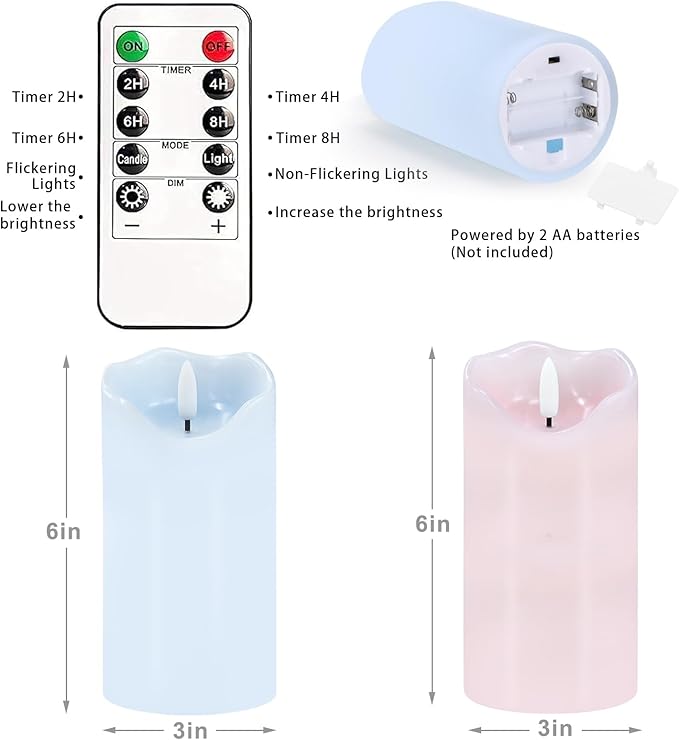 Flameless Candles Light, Set of 2 6"x3" Flickering Pastel Spring LED Candles with Remote & Timer, Dimmable Real Wax Easter Pillar Candles Battery Operated for Home Spring Easter Decor (Pink Blue)