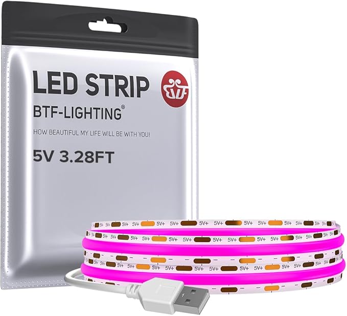 BTF-LIGHTING FCOB USB Powered Purple Color COB LED Strip Lights 3.28FT 320LEDs 5V 8mm Width 90+ High CRI Ultra Bright Flexible Light for TV Backlight Display Cabinet PC DIY Decor