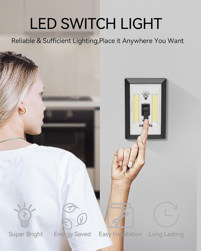 LED Night Light Switch, 12 Total Batteries Included, 200 Lumen Wireless COB LED Switch Light, Under Cabinet, Shelf, Closet, Garage, Kitchen, Stairwell and Emergency, Battery Operated, 4 Pack Black