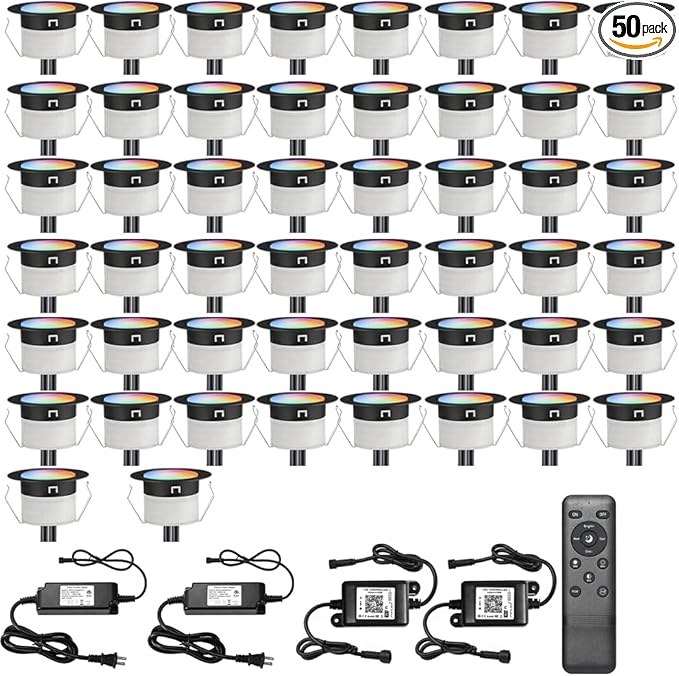 Sumaote LED Deck Lights Kit Black Shell 50 pcs 1.22 Inch WiFi Smart Phone Control Low Voltage Recessed RGBW Deck Lamp Landscape In-ground Lighting Waterproof Outdoor Yard Path Stair Decor