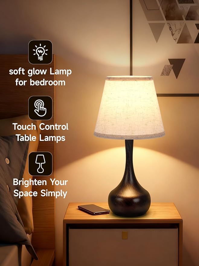 Touch Table Lamp for Bedroom Set of 2, Farmhouse 3-Way Dimmable Bedside Lamps for Nightstand with Fabric Shade, Lamps for Living Room，Desk Lamps for Home Office, Black Lamp for Bedroom