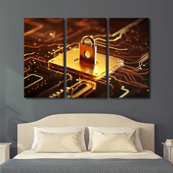 Multi Panel Canvas Wall Art Cyber Security Concept Pictures Print on Canvas Artwork for Home Wall Decorations, Giclee Artwork Wooden Framed Gallery-Wrapped Ready to Hang, 60" Wx40 H