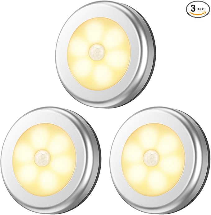AMIR Upgraded 3.15” Motion Sensor Light, 3 Pack Battery-Powered LED Night Light, Closet Lights Stair Lights, Puck Lights, Safe Lights for Hallway, Bathroom, Bedroom, Kitchen (Silver - Warm White)