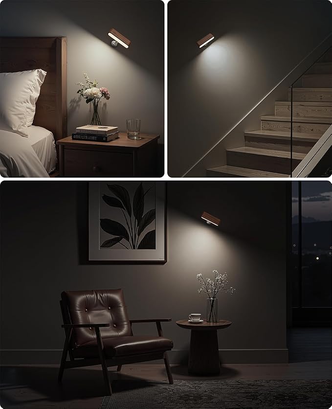 Wood LED Wall Sconce Magnetic 360°Rotate Wall Mounted Lamp Brightness Adjustable Night Lights Rechargeable Battery Powered Reading Light for Bedside Hallway Living Room (1 Pack Black Walnut)