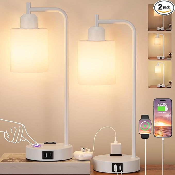 Innqoo Industrial White Table Lamps for Bedrooms Set of 2-3-Way Dimmable Desk Lamp with USB C+A Ports and Outlet, White Lamps with Opal Glass Shade for Living Room