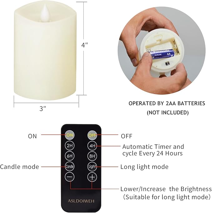 3x4 Flameless Candles Set of 1, 2AA Battery Life 600 Hours Battery Candles Flickering with Timer, 4 inch Flameless Candles with Remote for Indoor/Outdoor, Ivory