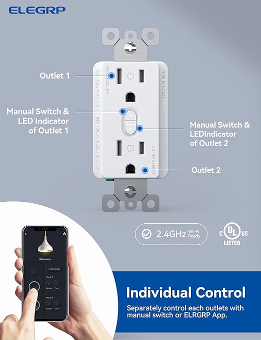 ELEGRP Smart Outlet, Smart in-Wall Outletss Works with Alexa and Google Assistant, 2.4GHz Wi-Fi Smart Receptacle, No Hub Required, UL Listed, White, 2 Pack