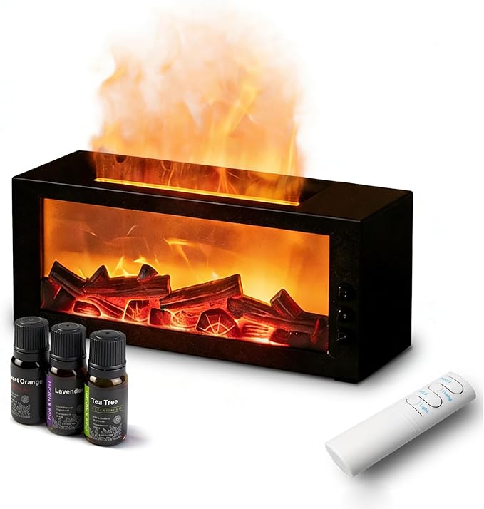 Fireplace Diffusers with 3 Essential Oils Set,Color Flame Aroma Essential Oil Diffuser with Remote Control,300ml Small Humidifier for Home Room Decor Gift for Women (Black)