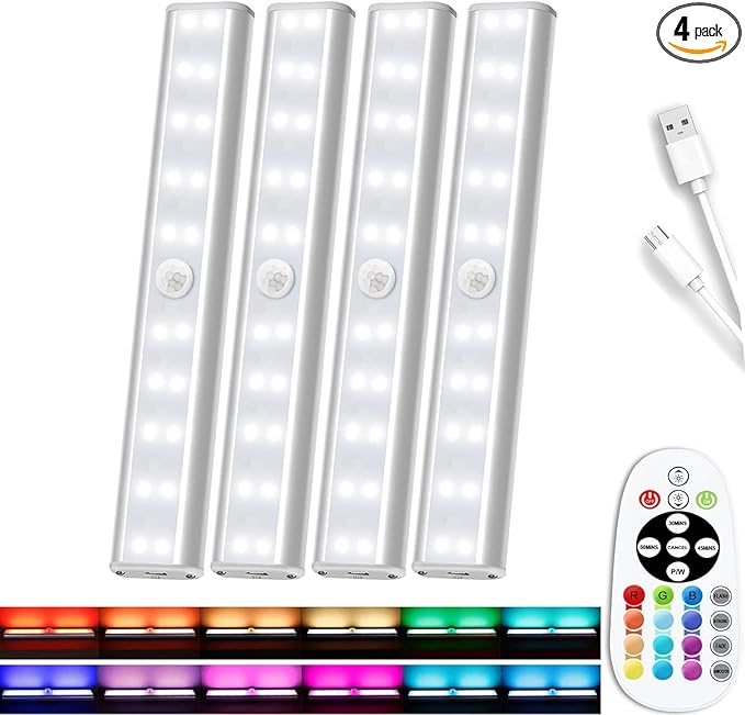 15-Color RGB Under Cabinet Lighting, Wireless Rechargeable Closet Lights, 48-LED Super Bright Night Light with Remote,10-Level Dimming & 3 Timer, Under Counter Lights for Kitchen,Stairs (4 Pack)
