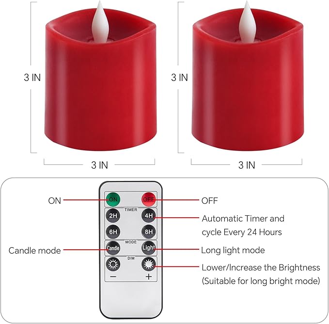 3x3 Flickering Flameless Candles Set of 2, LED Battery Operated Candles, 3 inch Flameless Candles with Remote Control, Suitable for Wedding Holiday Decoration,Red
