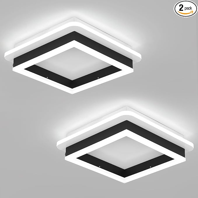 CANEOE 2 Packs Square Flush Mount Ceiling Light, 6000K Black Modern LED Ceiling Light Fixture, Minimalist Hallway Lighting Fixture Ceiling Lamp for Hallway Entryway Bedroom Balcony