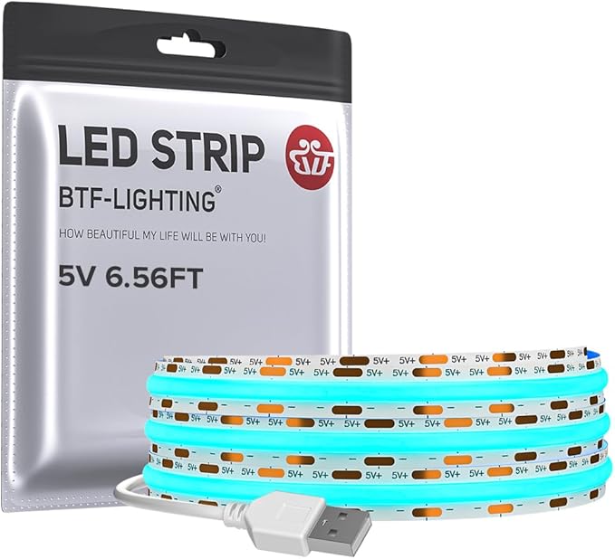 BTF-LIGHTING FCOB USB Powered Ice Blue COB LED Strip Lights 6.56FT 640LEDs 5V 8mm Width 90+ High CRI Ultra Bright Flexible Light for 3D Printer TV Backlight Display Cabinet PC DIY Decor