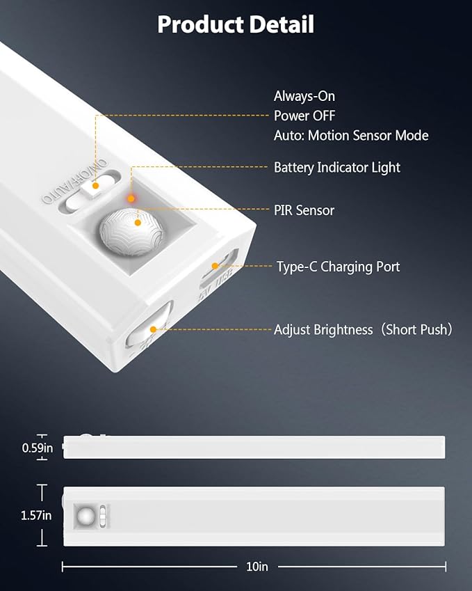 10inch Under Cabinet Lighting, 68 LED Rechargeable Motion Sensor Light Indoor, 6 Levels Dimmable Magnetic Closet Lights, Wireless Under Counter Lights for Kitchen, Stairs, Bedroom, 2-Pack Daylight