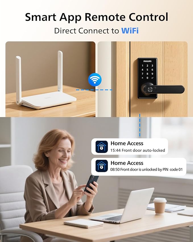 Philips Wi-Fi Smart Door Lock with Handle, Keyless Entry Door Lock for Front Door Lock Set with App Remote Control, Fingerprint Door Handle Lock, Touchscreen Keypad Lever Lock Front Door Handle