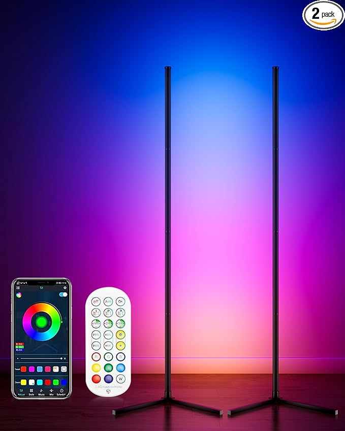 LED Corner Floor Lamp 2 Pack, 65" Tall Smart RGB Floor Lamp with APP and Remote Control, Ambient Lighting Color Changing Standing Lamps with Music Sync and Timing for Living Room, Bedroom, Gaming Room