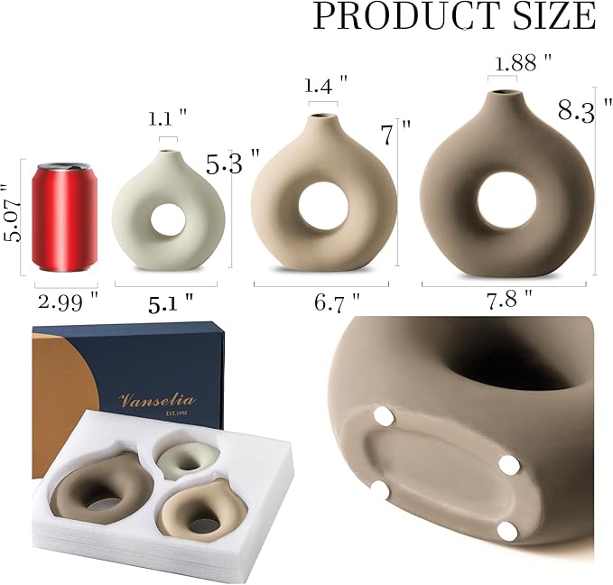 Ceramic Vase Home Table Decor - Flower Vases Set of 3 Small Living Room Centerpiece Decorations for Shelf Bedroom Office Kitchen Dining Desk Modern Aesthetic Farmhouse Decorative (Farmhouse)