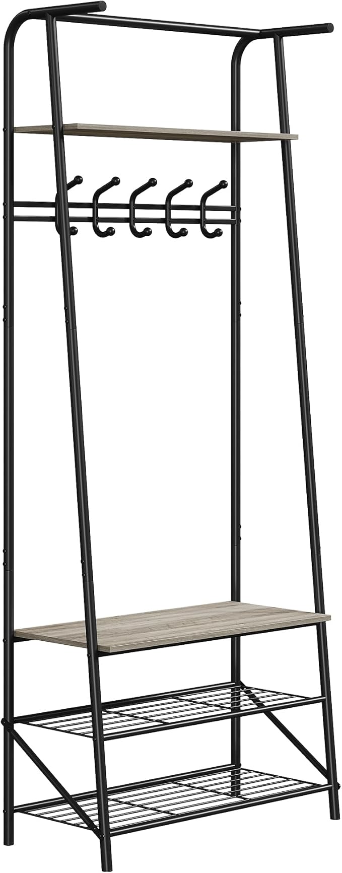 Coat Rack Hall Tree with Shoe Storage Bench, 4-in-1 Entryway Organizer, 5 Hooks & 3-Tier Shoe Rack, Freestanding Metal Frame for Hallway, Front Door
