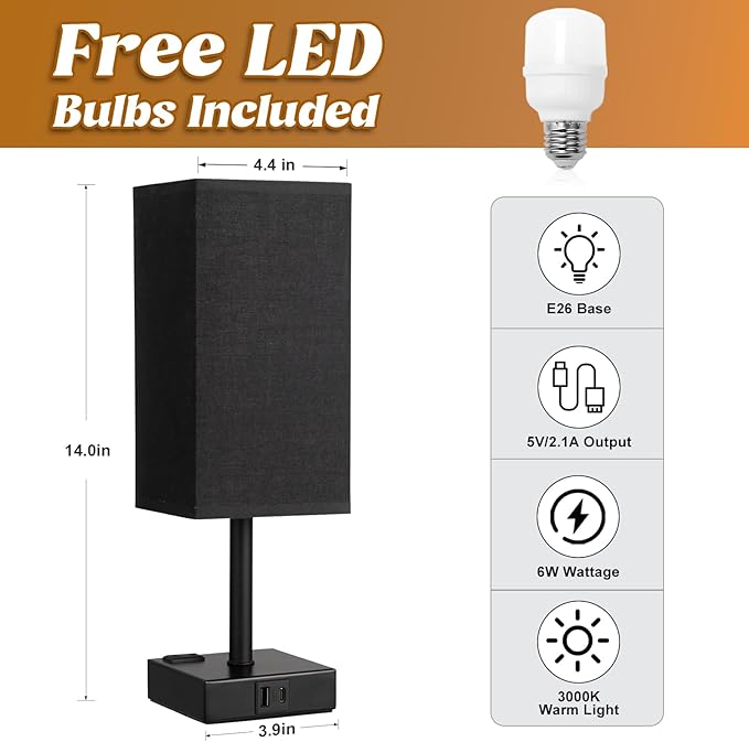 aooshine Black Bedside Lamp for Nightstand - Touch Table Lamp with Type C + A and AC Outlet, Square Charging Lamps for Bedroom Decor, Dorm Lamp for Men, E26 Bulb Included (3000K)