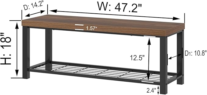 FOLUBAN Shoe Bench, Modern Wood and Metal Storage Bench for Entryway Hallway, Industrial Indoor Bedroom Bench Seat for Living Room, Mudroom, Rustic Walnut, 47 Inch
