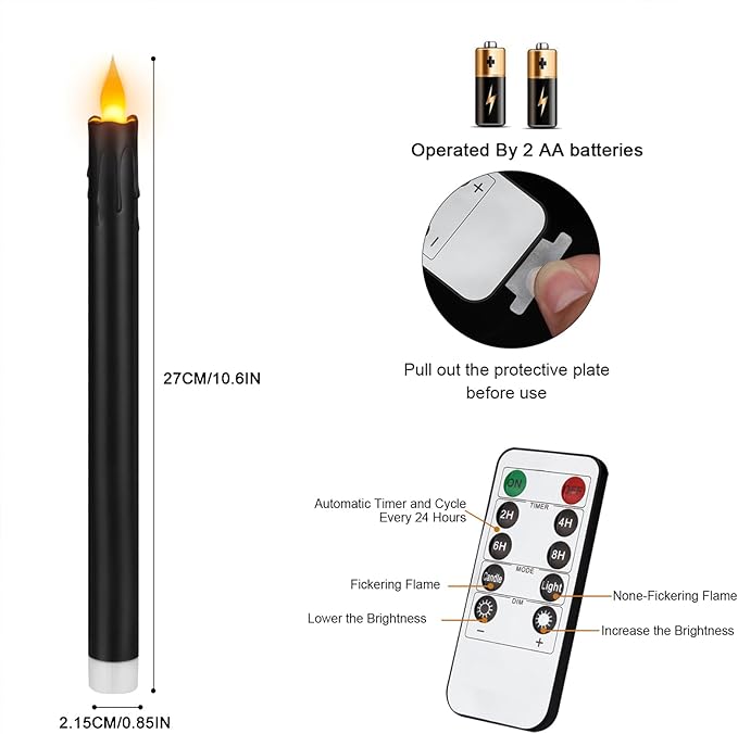 Flameless Taper Candles 10.6" Dripless Battery Operated Taper Candles Included Remote Timer 400+ Hours by 2AA Batteries for Halloween Christmas Wedding (Black, 24 Pack)