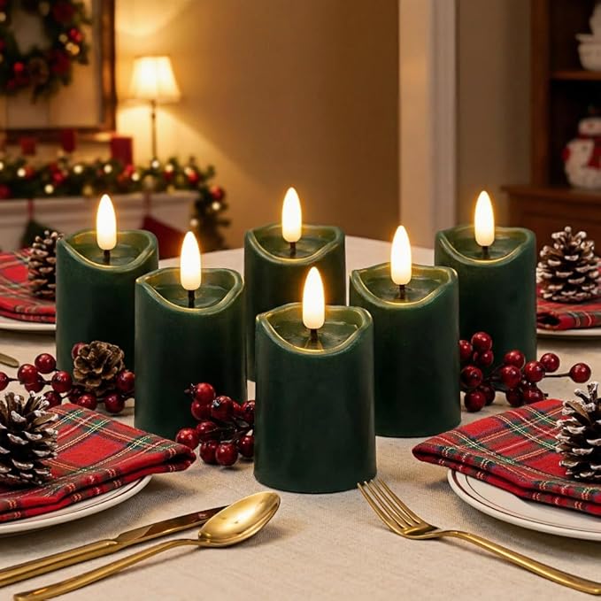 Simplelight Green Flameless Votive Candles with Timer, Realistic Black Wick Advent Wreath Candles Battery Operated, Battery Included, D 1.8” X H 3.1”, Set of 6 for Christmas Decoration(Green)