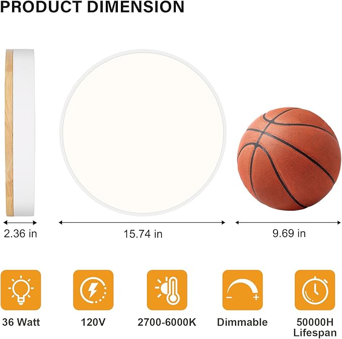 Modern Dimmable Wood Ceiling Light, White Round LED Flush Mount Ceiling Lighting Fixtures, Minimalist Ceiling Lamp for Kitchen Bedroom Laundry Room Living Room Entryway Hallway&15.74 in