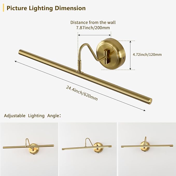 JOOSENLUX Battery Operated Picture Lights Modern Wireless Wall Lights 24.4" Inch Dimmable Under Counter Lights for Kitchen with Swing Arm as Canvas Wall Sconce Light Brass 3000K CRI95+