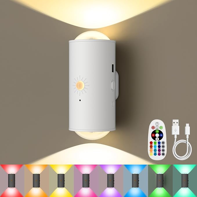 Motion Sensor Wall Light, RGB LED Wall Light with Remote Control, 16 Colors Brightness Adjustable, Wall Sconces Battery Operated Indoor, Wall Sconce for Hallway, Bedroom, Stairs, Living Room
