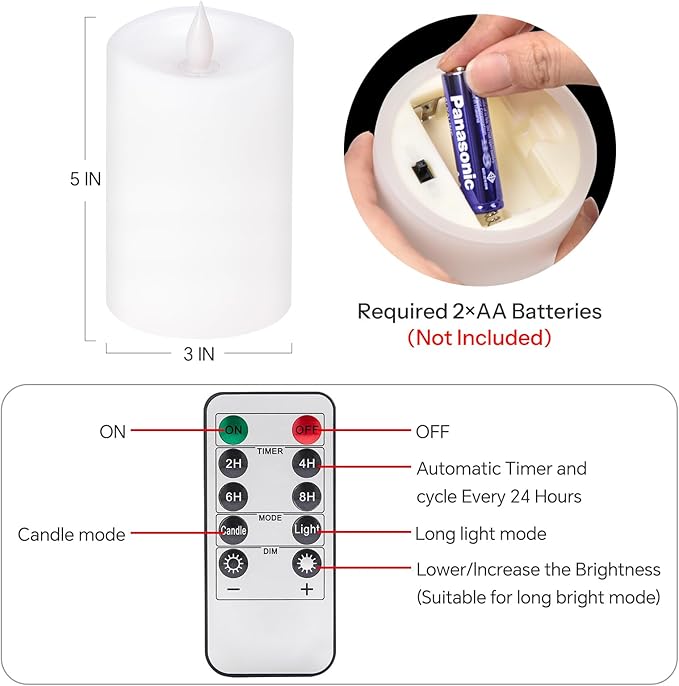 1PCS, 3 x 5 inches Flameless Candle with Remote Control, Real Wax Pillar LED Candles, Battery Candles,with Timer, 3D Flickering Wick,for Holiday Home Decor,White