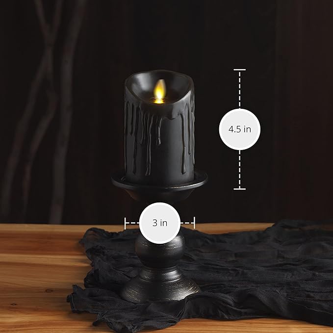 Luminara Wax Drip Flameless LED Candle, Black 3" x 4.5", Timer Function, Real Wax Pillar, Battery Operated Unscented Safe, Long-Lasting