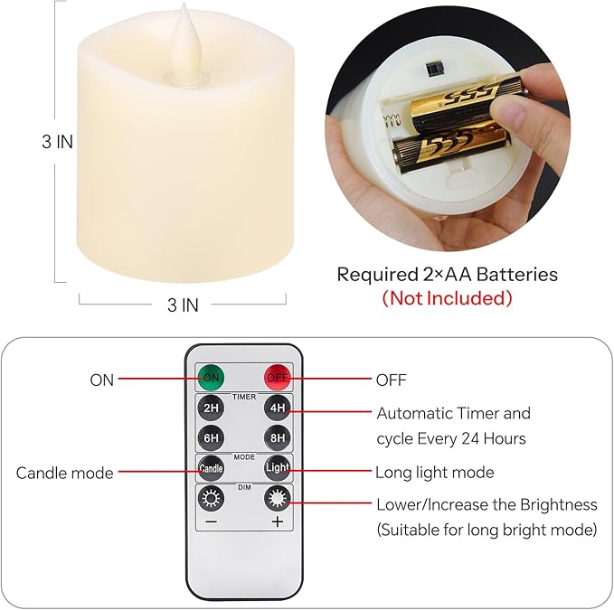 3x3 Flickering Flameless Candles, Real Wax LED Battery Operated Candles, 3 inch Flameless Candles with Remote,for Wedding Holiday Home Decor,Ivory
