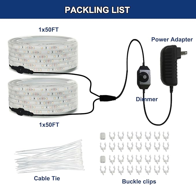2Pack 50ft LED Rope Lights Outdoor Waterproof, 12V Dimmable Strip Light, Flexible LED Rope Lighting 3000K for Bedroom, Living Room, Backyard, Indoor Outdoor Decor