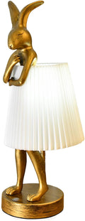 Cordless Rabbit Table Lamp Rechargeable LED 5000mAh, 15.7” Cute Decorative Night Light with Linen Shade & Gold-Tone Bunny Design, Portable Touch Dimmable Bedside Lamp for Bedroom, Home Decor (White)