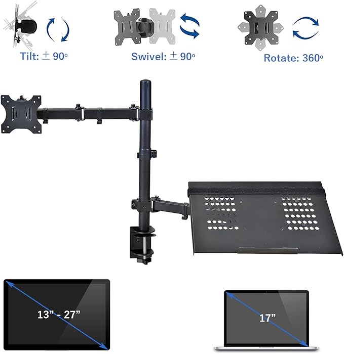 AEONS Monitor and Laptop Desk Mount Combo Stand with Notebook Tray fits 17 inch, 2-in-1 Adjustable Dual Arm Mount fits up to 32 inch LCD Screen with VESA, Clamp and Cable Management, Black